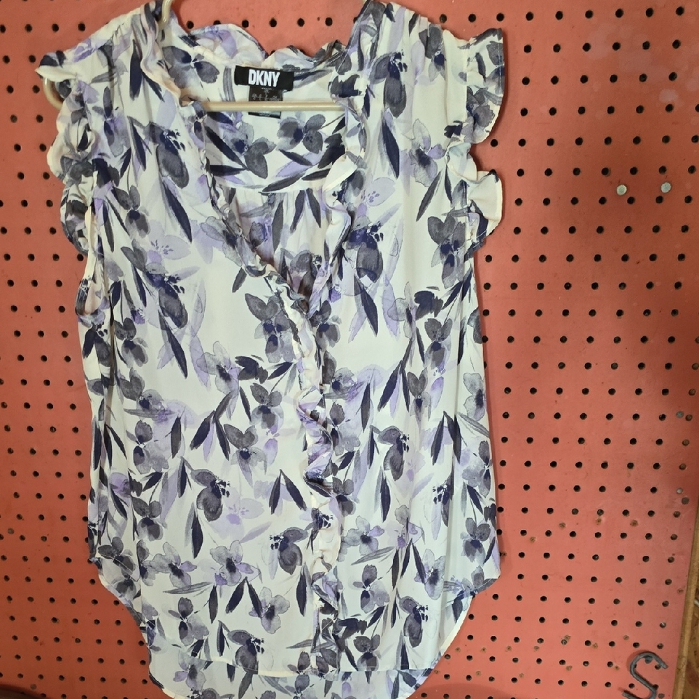 DKNY Women's Floral Ruffle Blouse - Purple and Cream